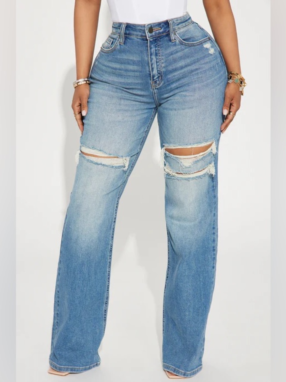 High Rise Distressed Wide Leg Jeans Light Wash Ripped Knee Baggy Denim